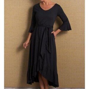Soft‎ Surroundings S Springtime Ruffles Black Dress V Neck Stretch Knit NO BELT